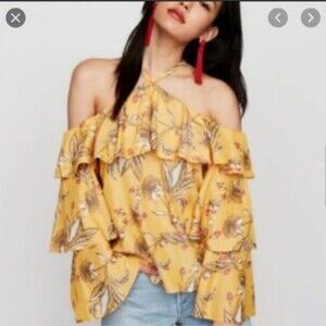 Express tiered sleeve cold shoulder floral halter top small